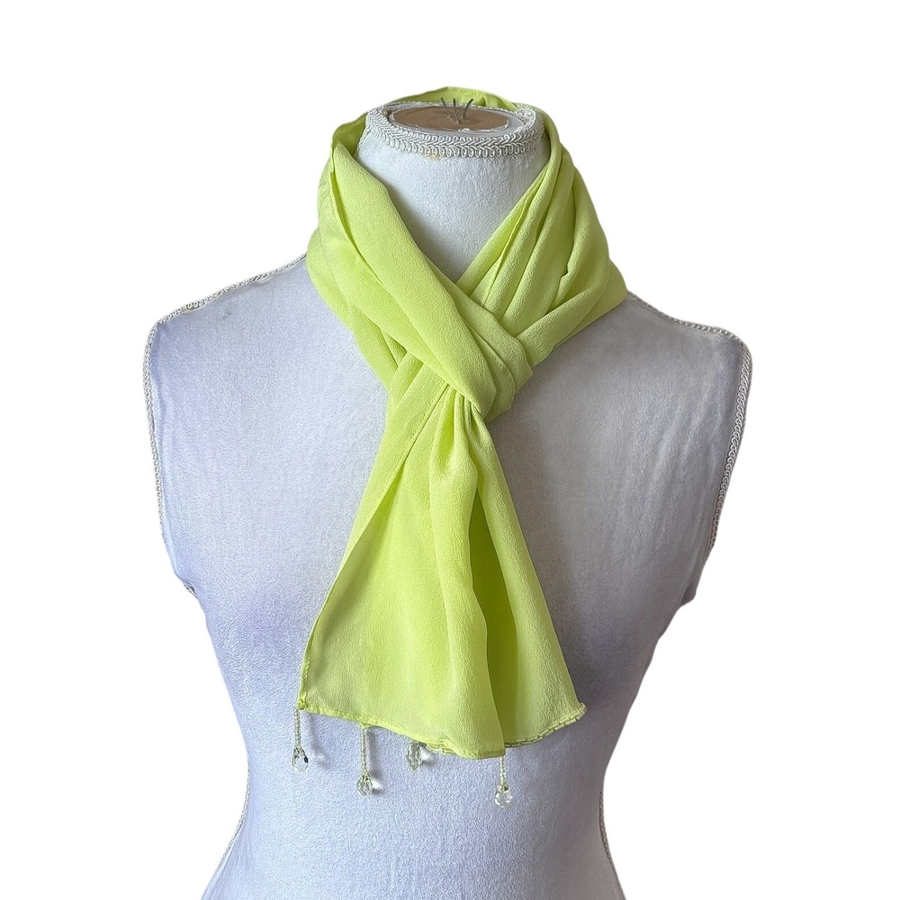 Vintage Diane Gilman Beaded Silk Chiffon Scarf OS Lime Green Crystal Fringe Wrap